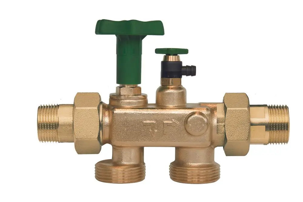Brass valve assembly with multiple connections, featuring a green control knob. Designed for use in water softening systems by BWT.